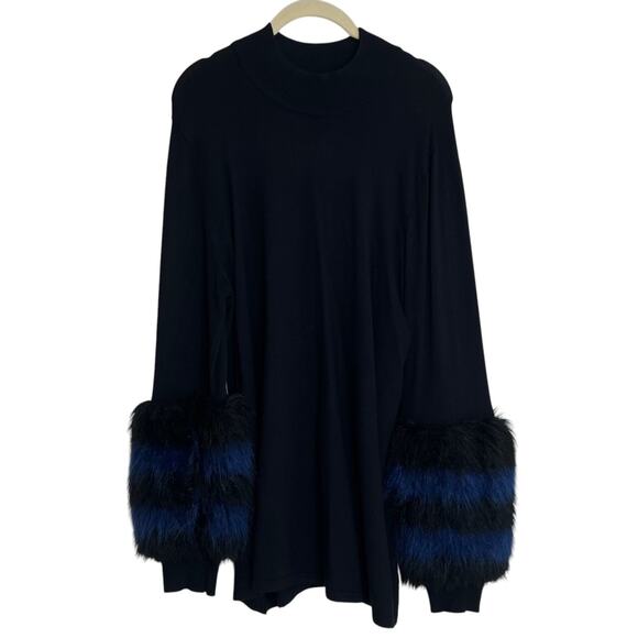 Alfani Womens Faux Fur Cuff Sweater Size XL Black Blue Mock Neck Long Sleeve - Picture 1 of 7